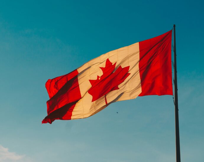 A Canadian flag flies against a blue sky. The image is used in this artilce to symbolise Canadian citizenship and Elon Musk.